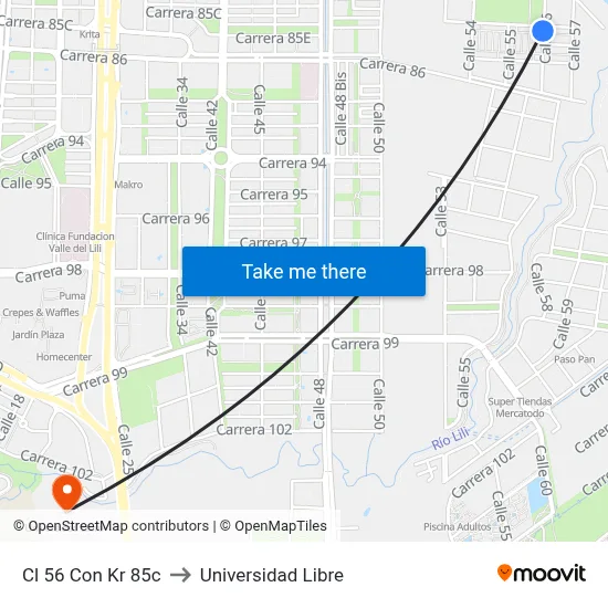 Cl 56 Con Kr 85c to Universidad Libre map