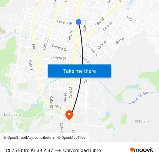 Cl 25 Entre Kr 39 Y 37 to Universidad Libre map