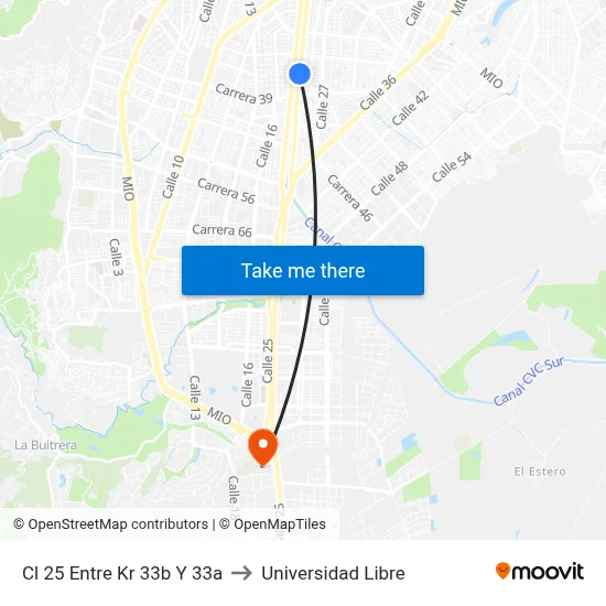 Cl 25 Entre Kr 33b Y 33a to Universidad Libre map