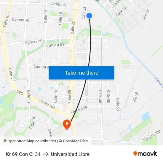 Kr 69 Con Cl 34 to Universidad Libre map