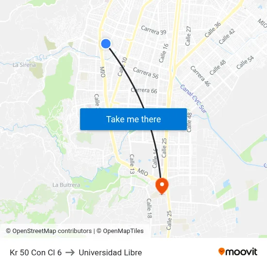 Kr 50 Con Cl 6 to Universidad Libre map