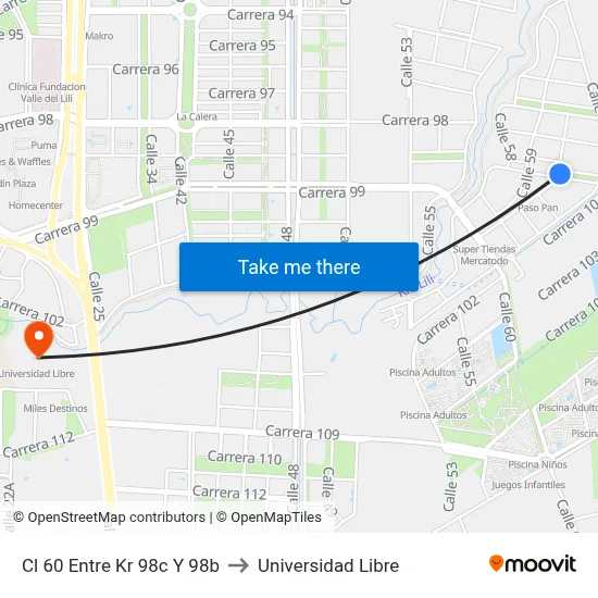 Cl 60 Entre Kr 98c Y 98b to Universidad Libre map