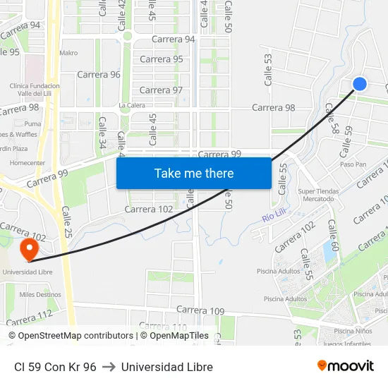 Cl 59 Con Kr 96 to Universidad Libre map