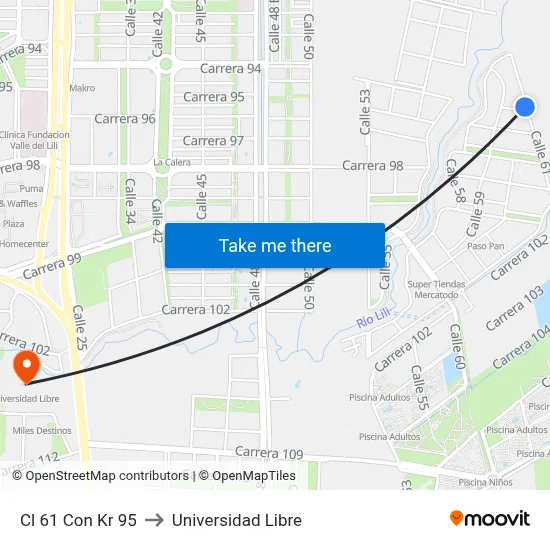 Cl 61 Con Kr 95 to Universidad Libre map