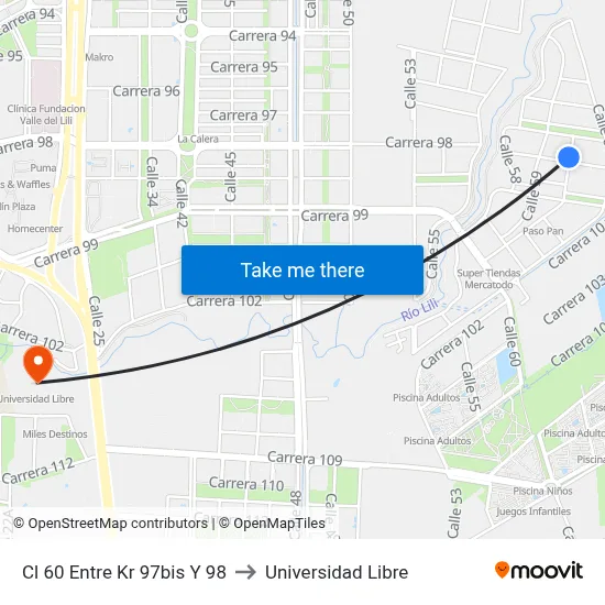 Cl 60 Entre Kr 97bis Y 98 to Universidad Libre map