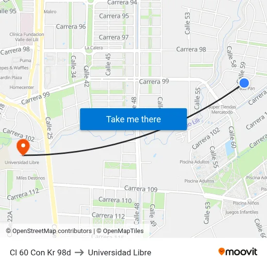 Cl 60 Con Kr 98d to Universidad Libre map