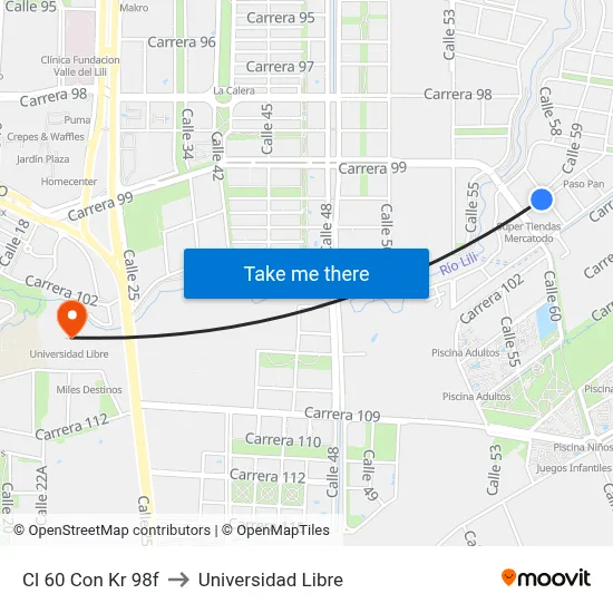 Cl 60 Con Kr 98f to Universidad Libre map