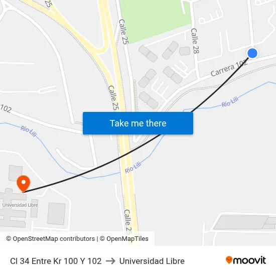 Cl 34 Entre Kr 100 Y 102 to Universidad Libre map