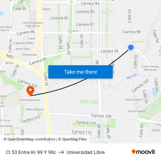 Cl 53 Entre Kr 99 Y 98c to Universidad Libre map