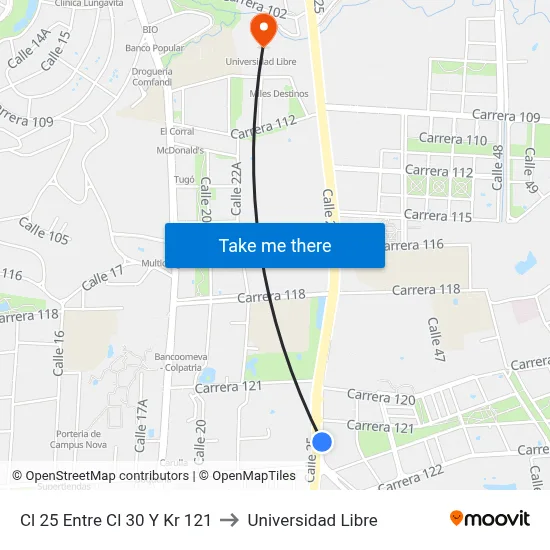 Cl 25 Entre Cl 30 Y Kr 121 to Universidad Libre map
