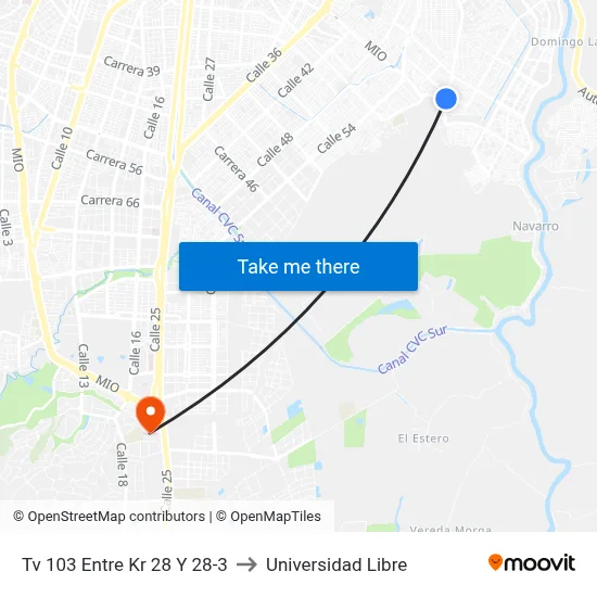 Tv 103 Entre Kr 28 Y 28-3 to Universidad Libre map