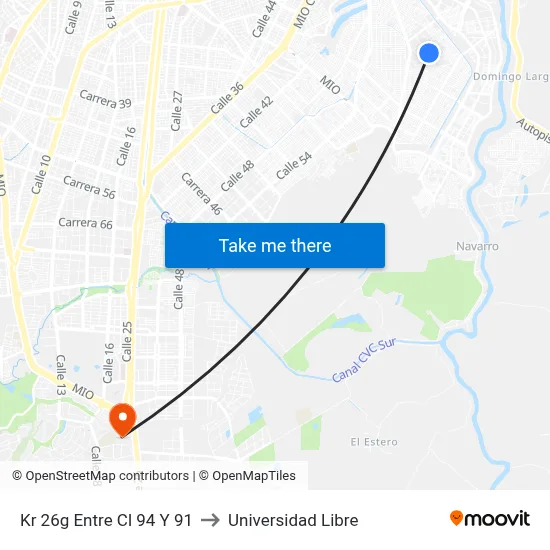 Kr 26g Entre Cl 94 Y 91 to Universidad Libre map
