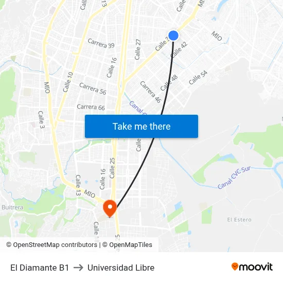 El Diamante B1 to Universidad Libre map