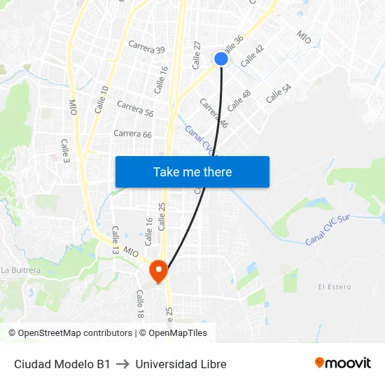 Ciudad Modelo B1 to Universidad Libre map