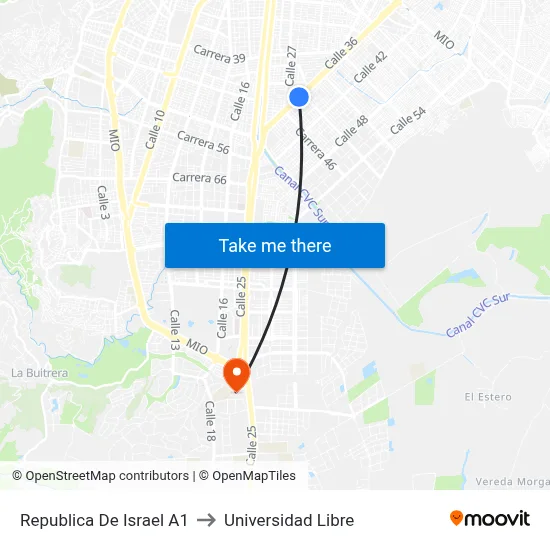 Republica De Israel A1 to Universidad Libre map