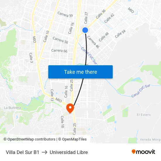 Villa Del Sur B1 to Universidad Libre map
