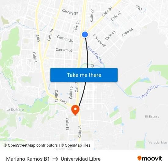 Mariano Ramos B1 to Universidad Libre map