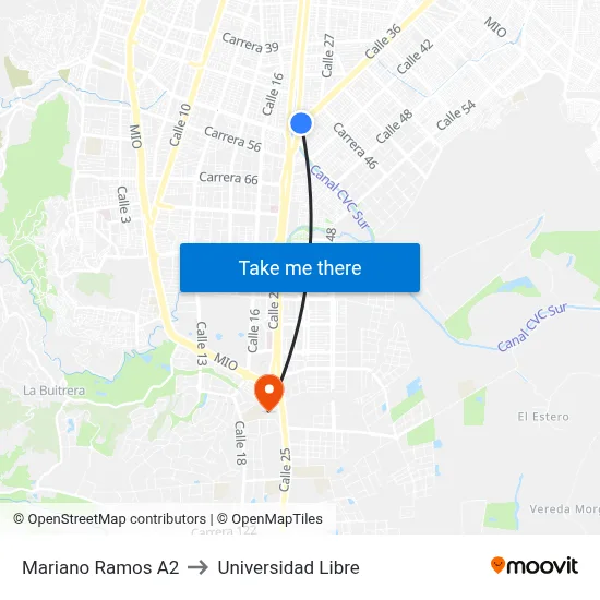 Mariano Ramos A2 to Universidad Libre map