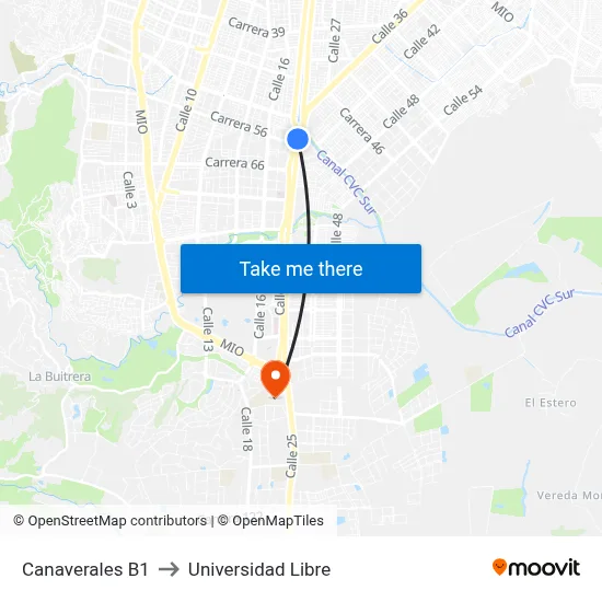 Canaverales B1 to Universidad Libre map