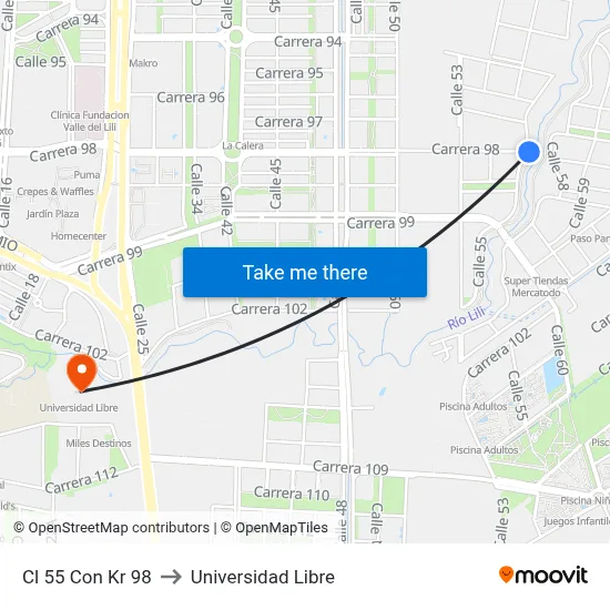 Cl 55 Con Kr 98 to Universidad Libre map