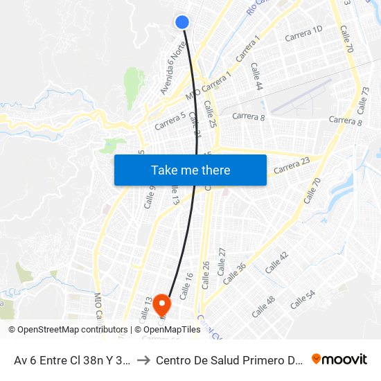 Av 6 Entre Cl 38n Y 36n P1 to Centro De Salud Primero De Mayo map