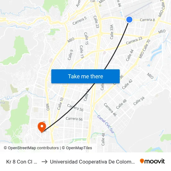 Kr 8 Con Cl 47 to Universidad Cooperativa De Colombia map