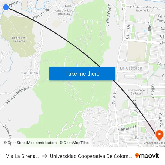 Via La Sirena_2 to Universidad Cooperativa De Colombia map