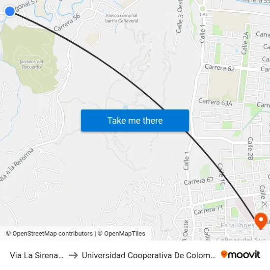 Via La Sirena_1 to Universidad Cooperativa De Colombia map