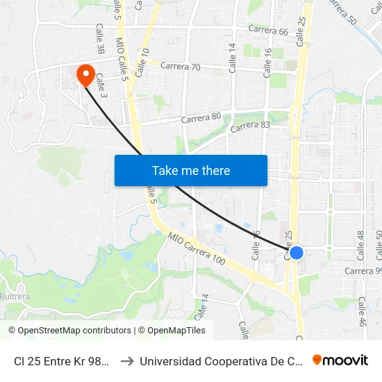 Cl 25 Entre Kr 98b Y 98 to Universidad Cooperativa De Colombia map