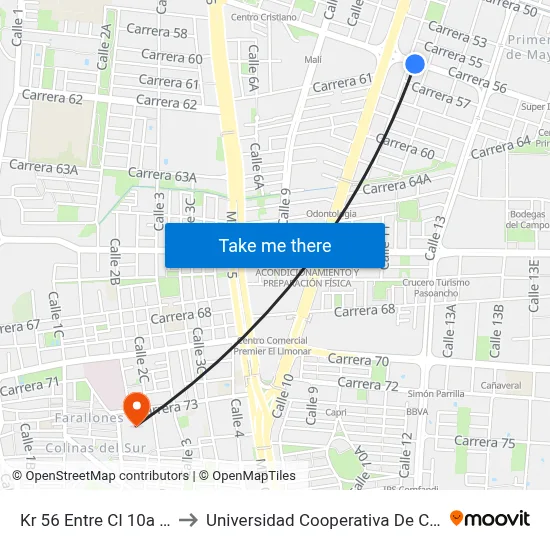 Kr 56 Entre Cl 10a Y 11a to Universidad Cooperativa De Colombia map