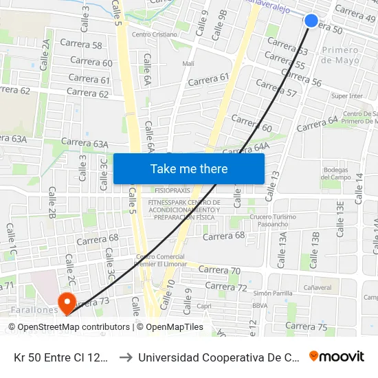 Kr 50 Entre Cl 12a Y 13 to Universidad Cooperativa De Colombia map