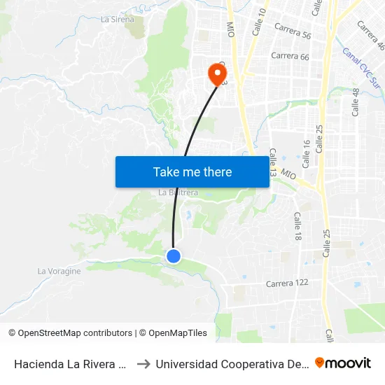 Hacienda La Rivera Emcali_1 to Universidad Cooperativa De Colombia map