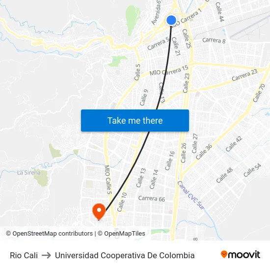 Rio Cali to Universidad Cooperativa De Colombia map