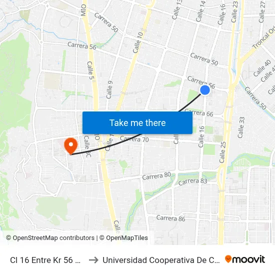 Cl 16 Entre Kr 56 Y 65_1 to Universidad Cooperativa De Colombia map