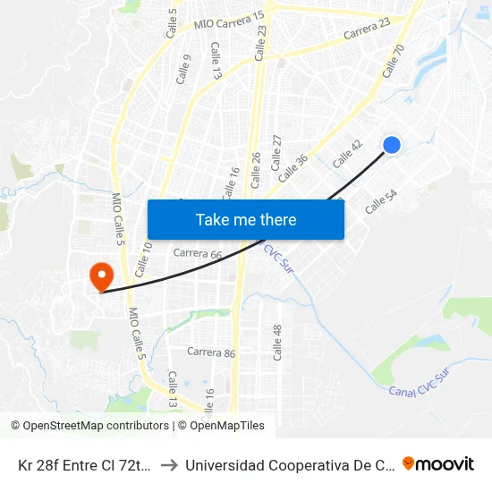 Kr 28f Entre Cl 72t Y 72u to Universidad Cooperativa De Colombia map
