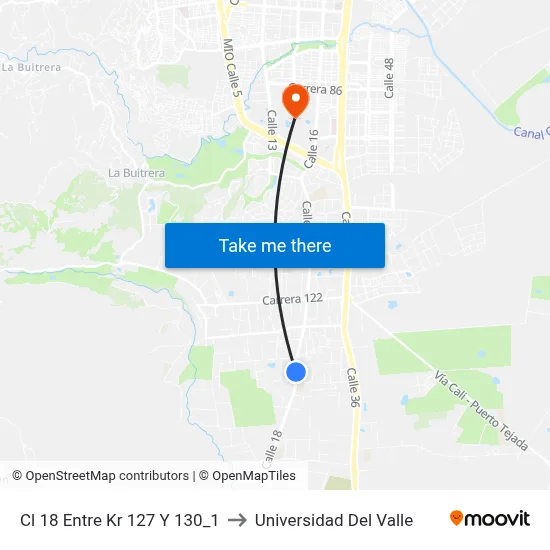 Cl 18 Entre Kr 127 Y 130_1 to Universidad Del Valle map