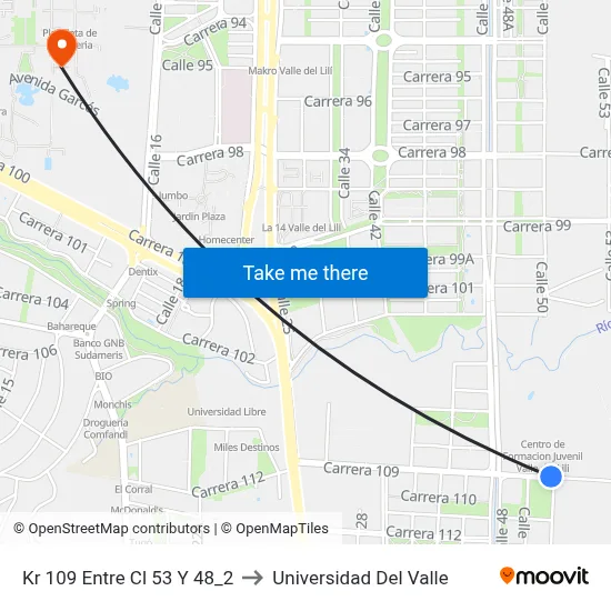 Kr 109 Entre Cl 53 Y 48_2 to Universidad Del Valle map