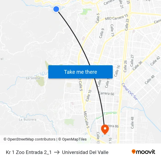 Kr 1 Zoo Entrada 2_1 to Universidad Del Valle map