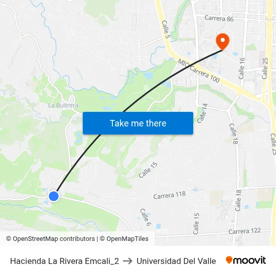 Hacienda La Rivera Emcali_2 to Universidad Del Valle map