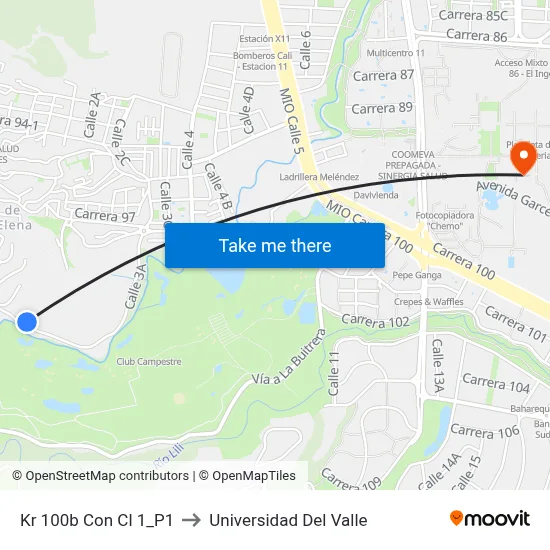 Kr 100b Con Cl 1_P1 to Universidad Del Valle map