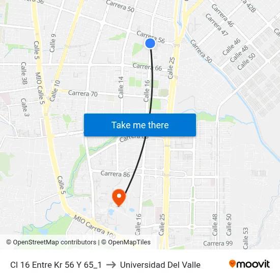 Cl 16 Entre Kr 56 Y 65_1 to Universidad Del Valle map