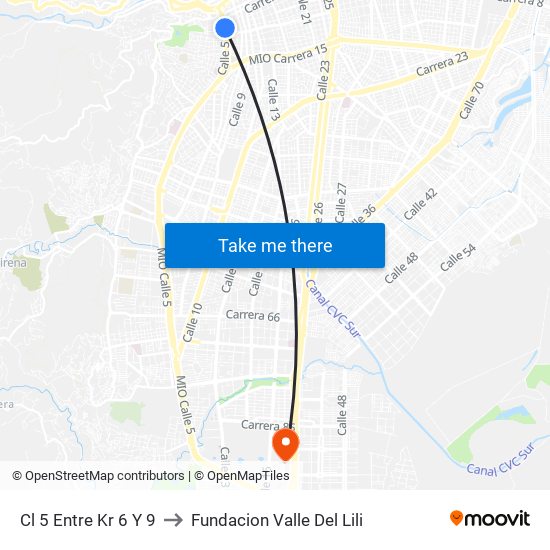 Cl 5 Entre Kr 6 Y 9 to Fundacion Valle Del Lili map