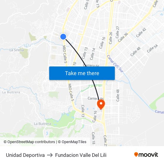 Unidad Deportiva to Fundacion Valle Del Lili map