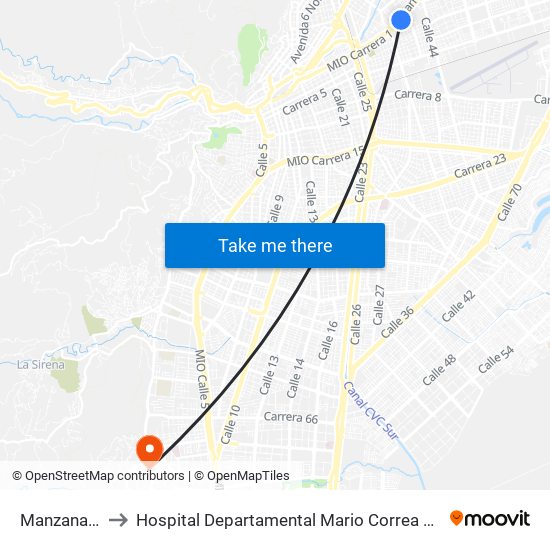 Manzanares to Hospital Departamental Mario Correa Rengifo map