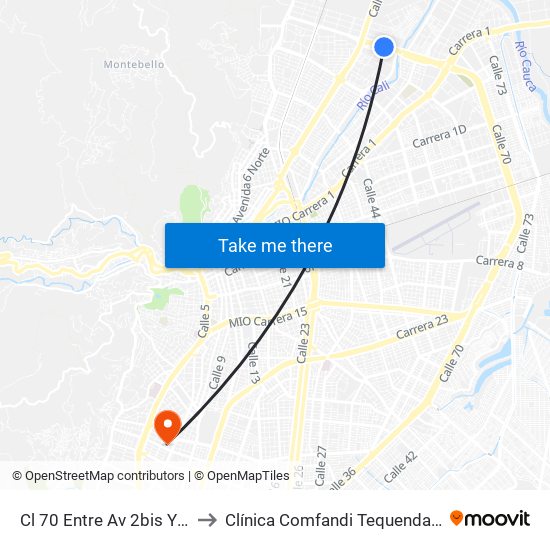 Cl 70 Entre Av 2bis Y 2n to Clínica Comfandi Tequendama map