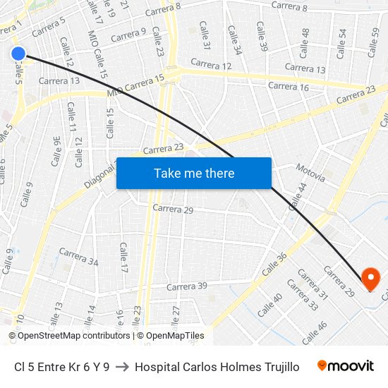 Cl 5 Entre Kr 6 Y 9 to Hospital Carlos Holmes Trujillo map
