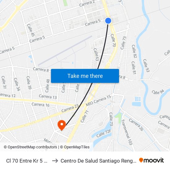 Cl 70 Entre Kr 5 Y 7 to Centro De Salud Santiago Rengifo map