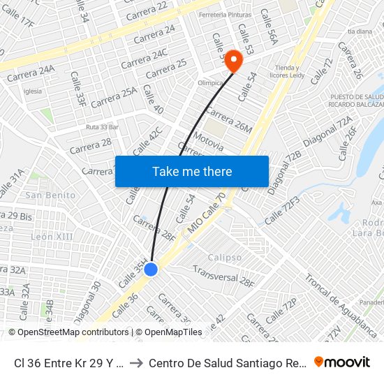 Cl 36 Entre Kr 29 Y 29c to Centro De Salud Santiago Rengifo map