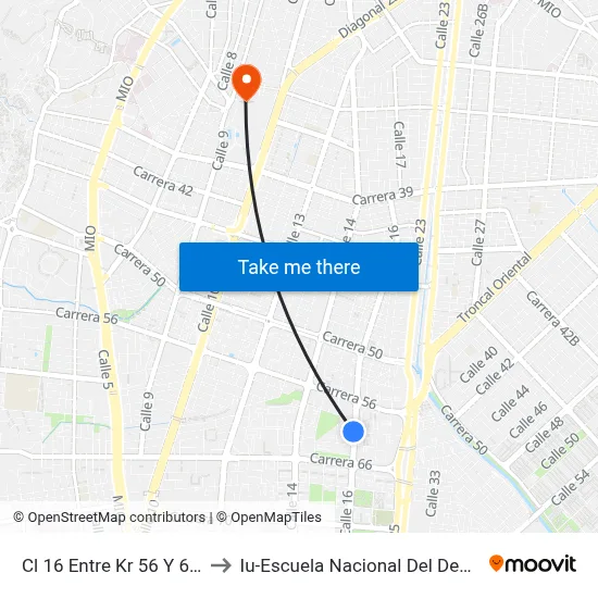Cl 16 Entre Kr 56 Y 65_2 to Iu-Escuela Nacional Del Deporte map