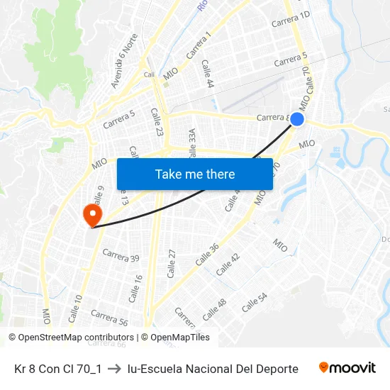 Kr 8 Con Cl 70_1 to Iu-Escuela Nacional Del Deporte map